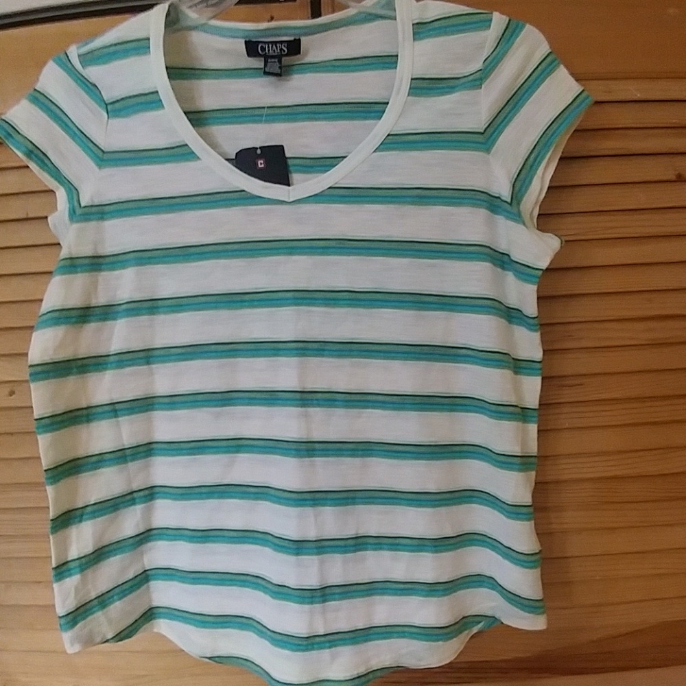 NWT CHAPS Turquoise & White Striped Top Tee M - Picture 3 of 4
